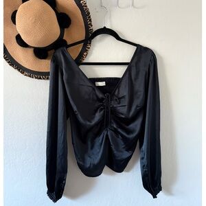 Abercrombie & Fitch Black Satin Ruched Tie Front Long Sleeve Top Size Medium